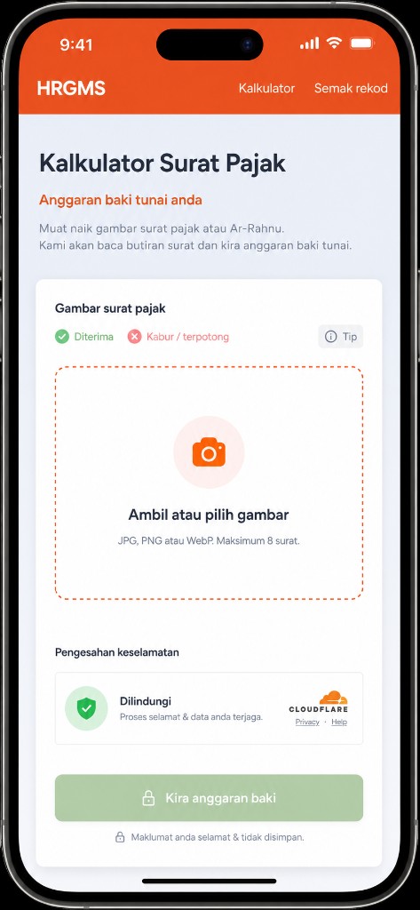 Paparan kalkulator surat pajak untuk memuat naik gambar dan mengira anggaran baki tunai
